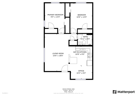 Floor plan for 2 beds, 1 bath, 810 sqft